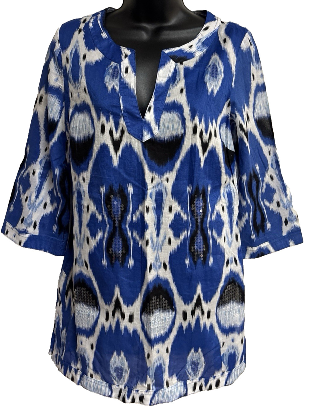 INC International Concepts Women Tunic Top 4 Blue White Ikat Sequin 3/4 NWT New